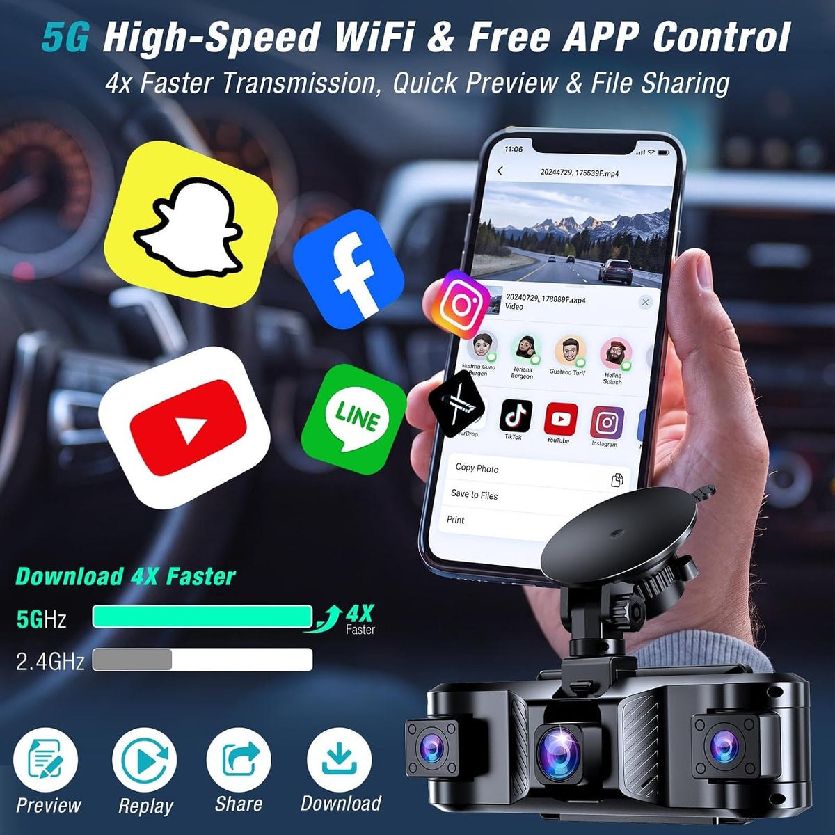 4 Channel 360° Dash Cam Front and Rear Inside with 5GHz WiFi 64GB Card
