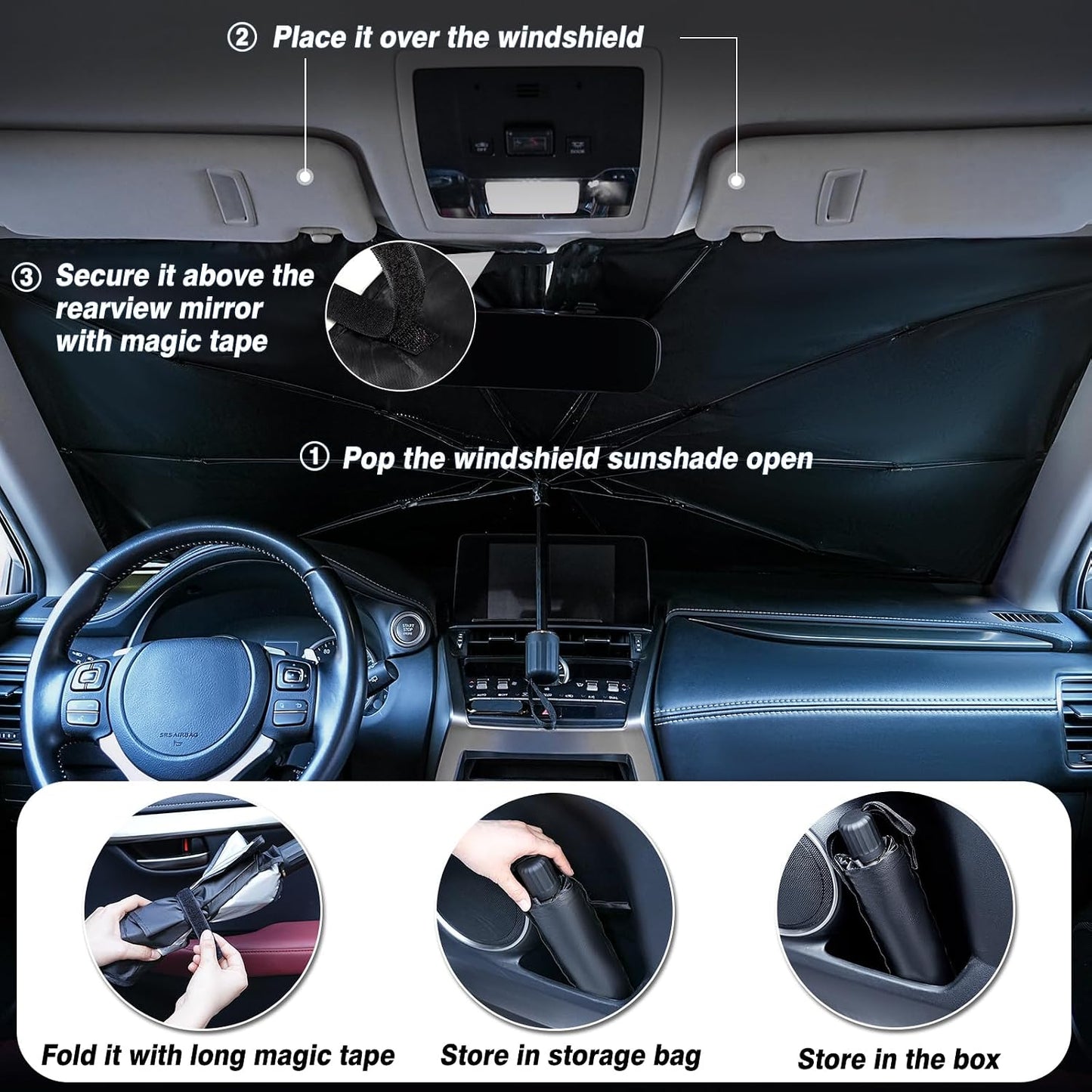 Windshield Sun Shade Umbrella - Car Sun Shade Windshield, Foldable Car Window Shades, Reflector Sunshade Offers Ultimate Sun Protection for Hatchback, Truck, SUV, MPV