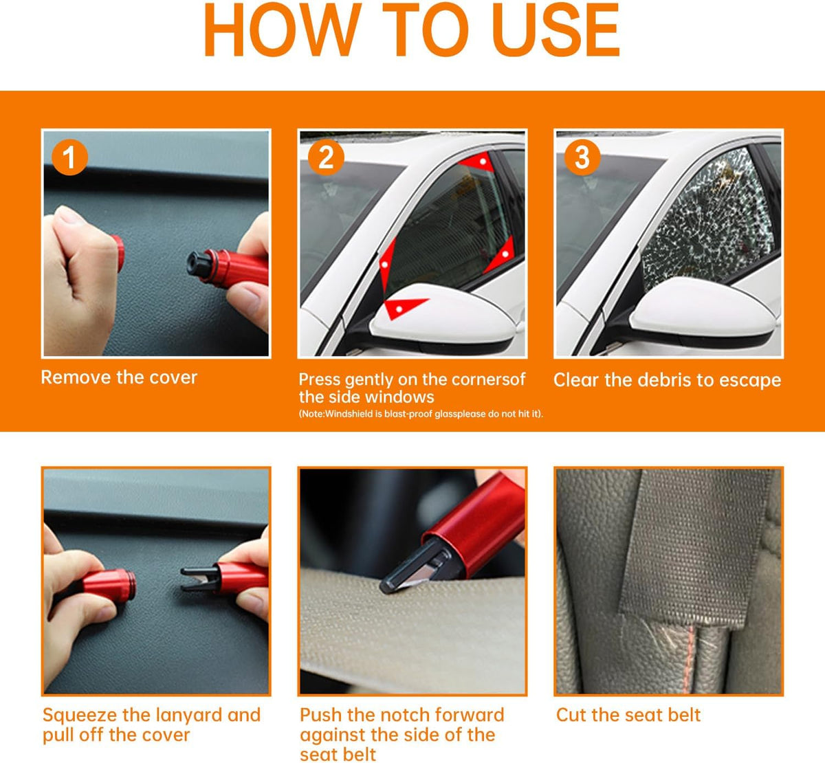4Pcs Safety Hammer, 2 in 1 Car Window Breaker and Seatbelt Cutter, Red