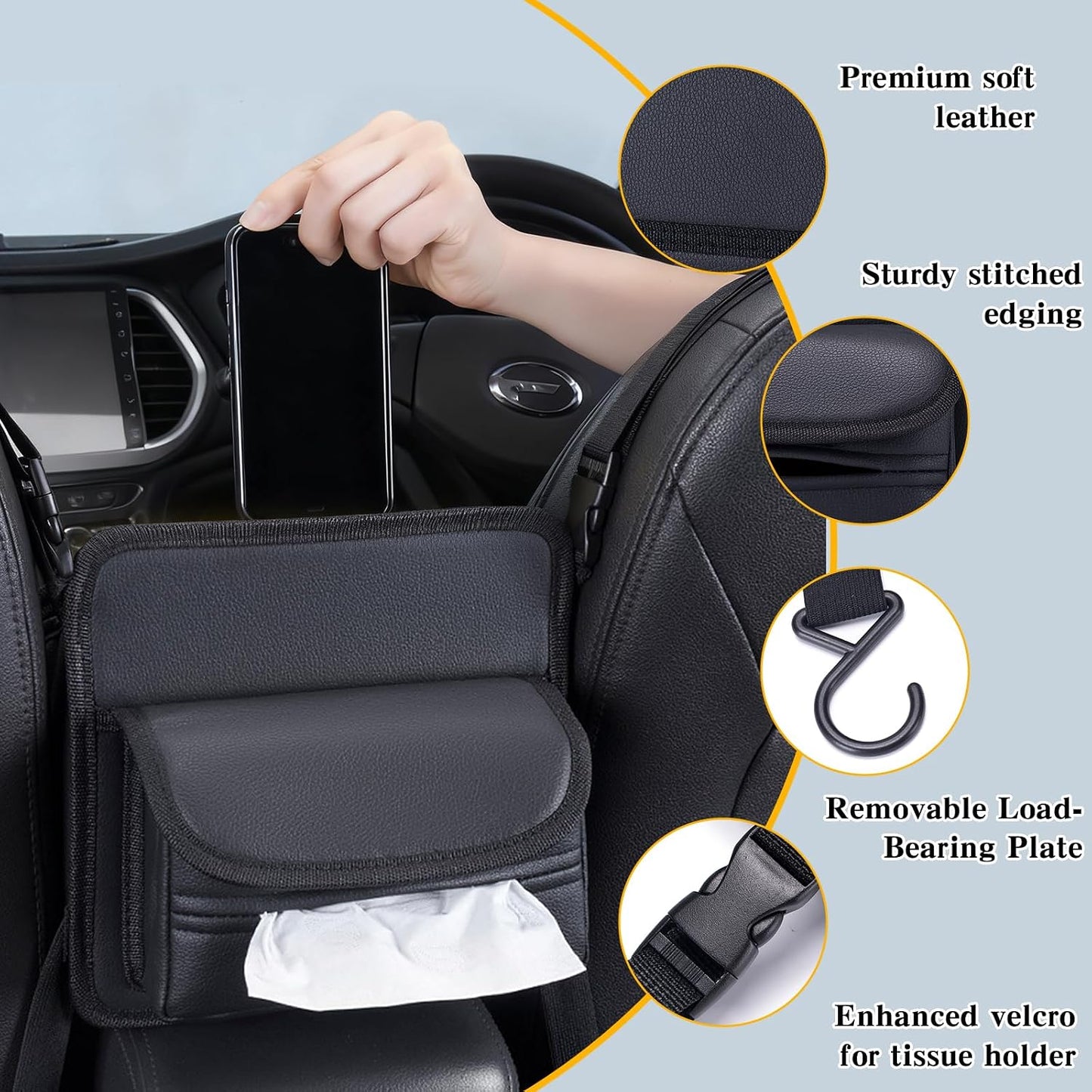 Car Storage Organizer Between Seats with Tissue Holder | Textured Leather Car Purse Holder Snack Holder | Auto Seat Back Handbag Organizer for Driving, Travel
