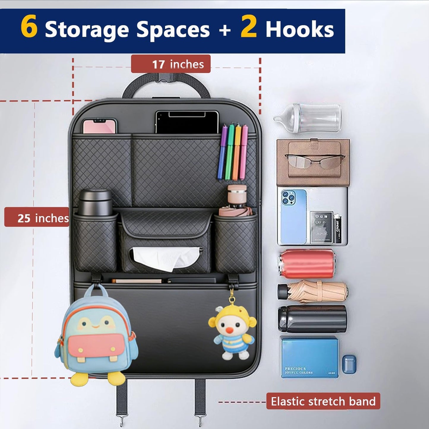 2-Pack Backseat Car Organizers with Hooks - Hanging Car Seat Back Organizers for Toys, Tablets, Books & Tissues - Hanging Car Back of Seat Storage Bags for Kids Toddlers, Black Leather Car Kick Mats