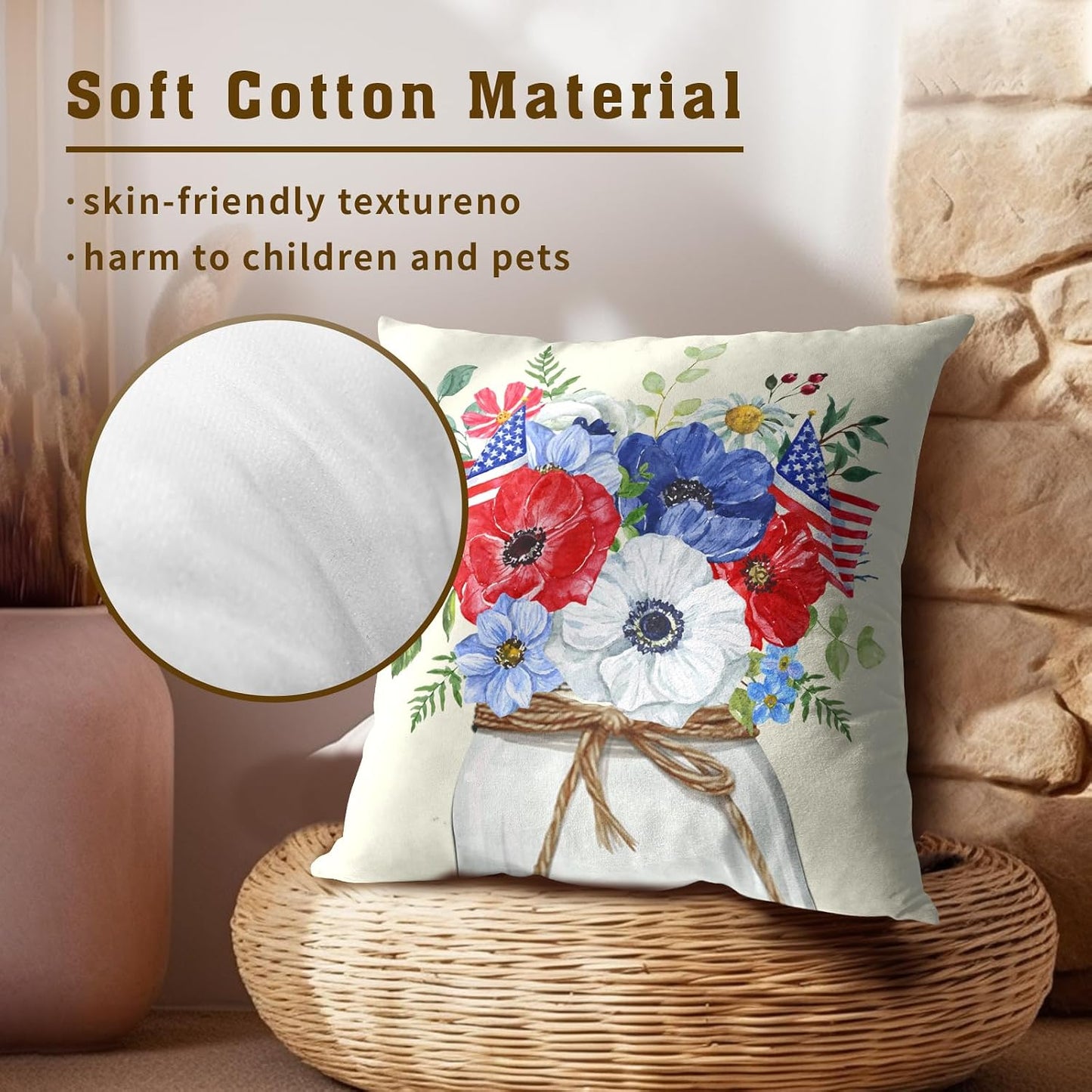 4th of July Pillow Covers 18X18 in Set of 2 American Flag Flowers Floral Patriotic Decorative Cotton Line Pillowcases for Sofa Couch Independence Day Memorial Day Home Decor