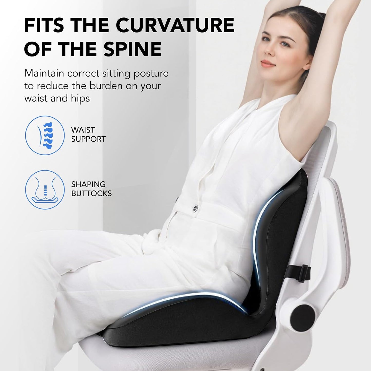 Ergonomic Waist Support and Seat Cushion, 2-in-1 Memory Foam Pad, Hollow Design for Coccyx, Suitable for Office Chairs, Car Safety Seats and Household Use - Relieves Lower Back and Hip Pain (Black)