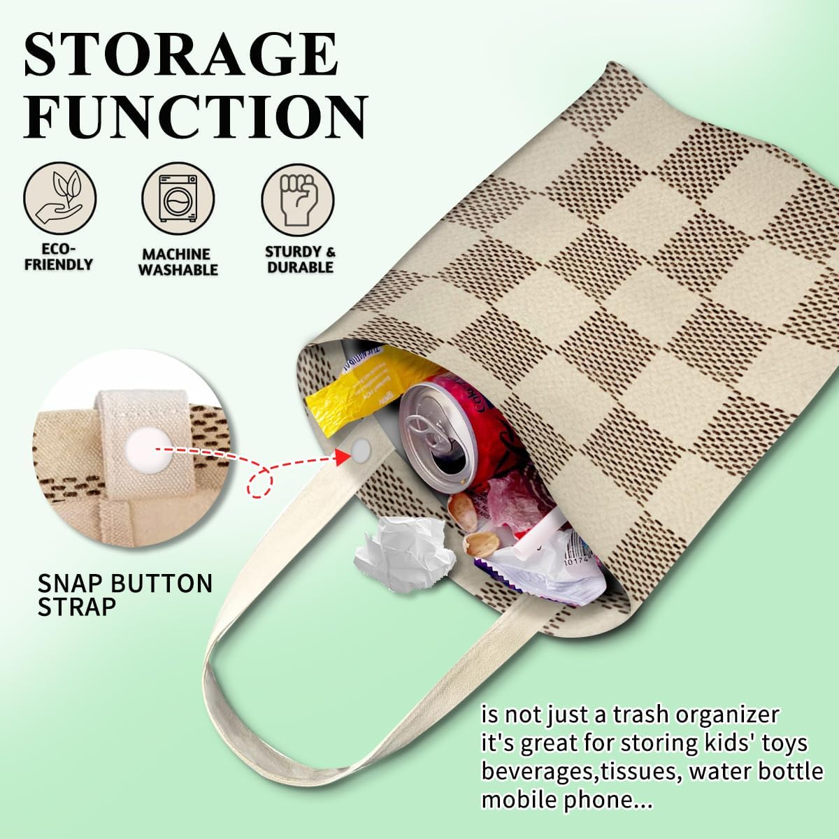Car Trash Can, Cute Car Trash Bag, Hanging Car Organizer and Storage Bag, Trash Bin for Car Accessories, Vehicle, Travelling, Camping Luxury Beige Checkered
