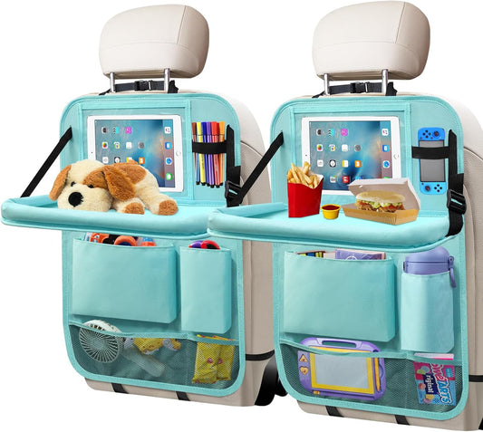 Backseat Car Organizer with Tablet Holder, 6 Storage Pockets Car Storage Organizer with Foldable Food Tray, Kick Mats Travel Accessories, 2 Pack BLue