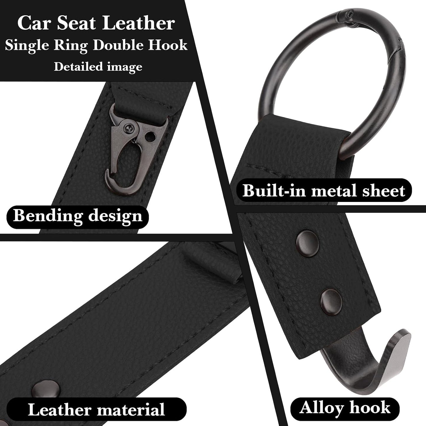 Adorila Car Hooks for Headrest - Backseat Storage Organizer Hangers - PU Leather Strap with Metal Snap Clip for Bags - (Black, 2-Pack)