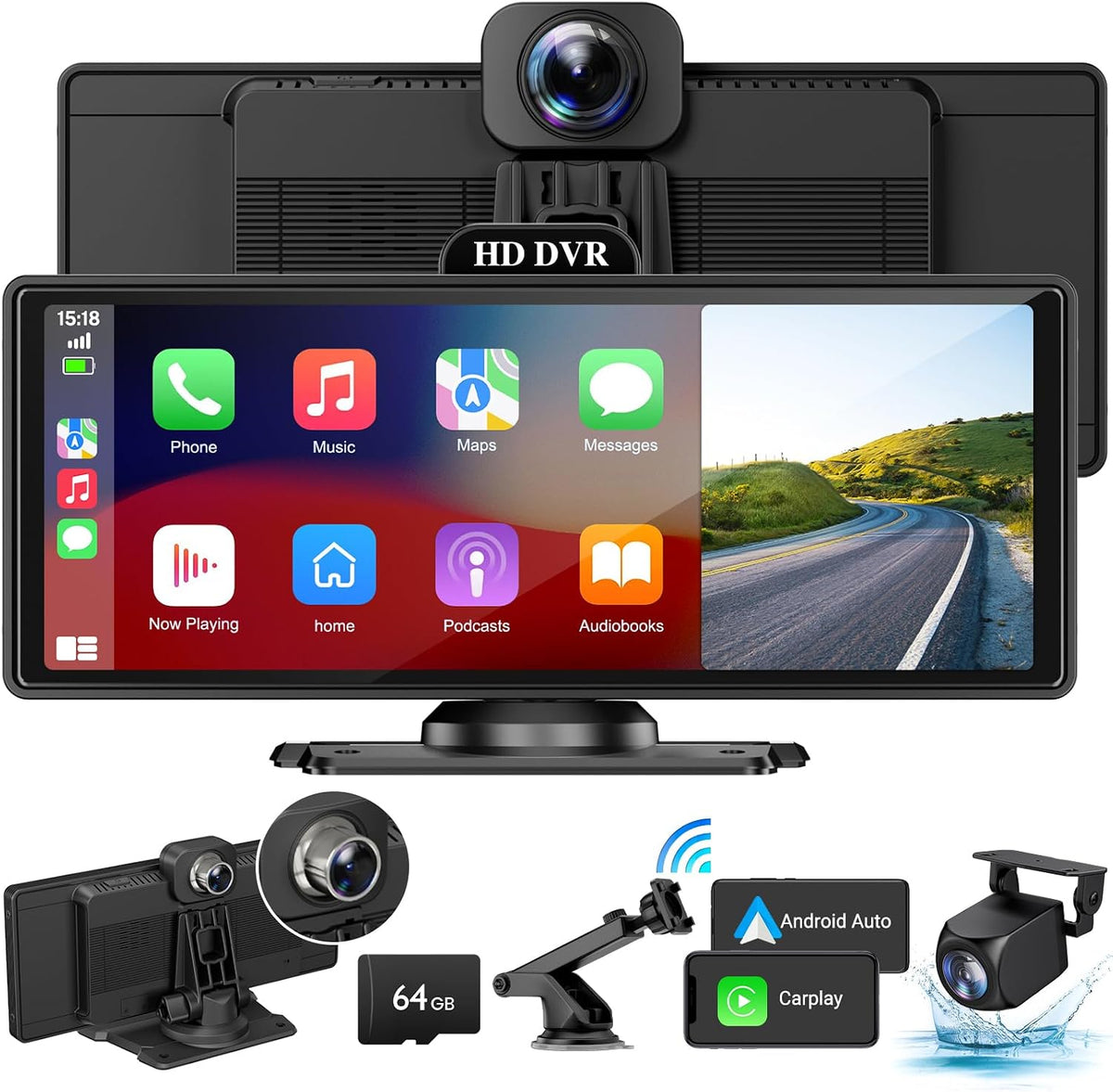 10.26" Wireless Apple Carplay Screen for Car with 4K Dash Cam
