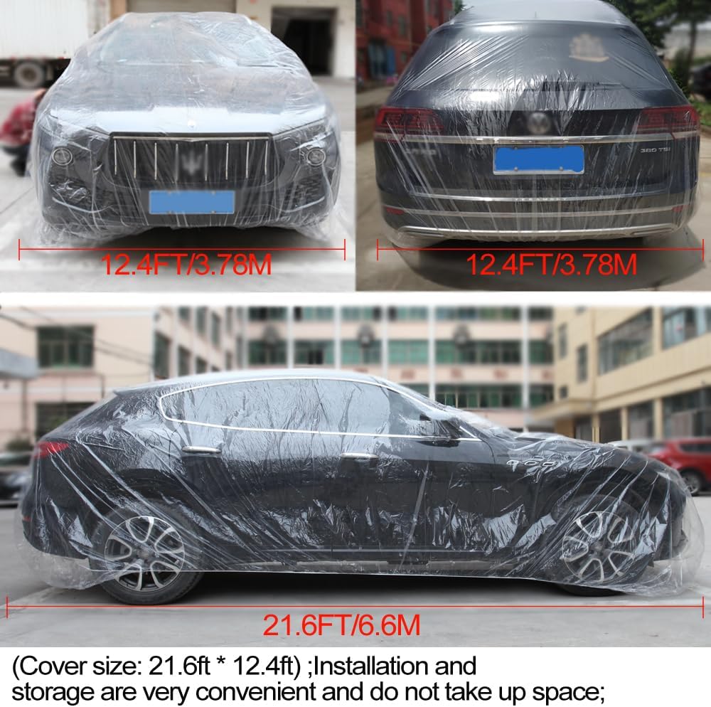 4 Packs Disposable Car Cover Clear Plastic Car Cover Universal Rain Dust Garage Cover with Elastic Band Medium (12.4 FT x 21.6 FT)