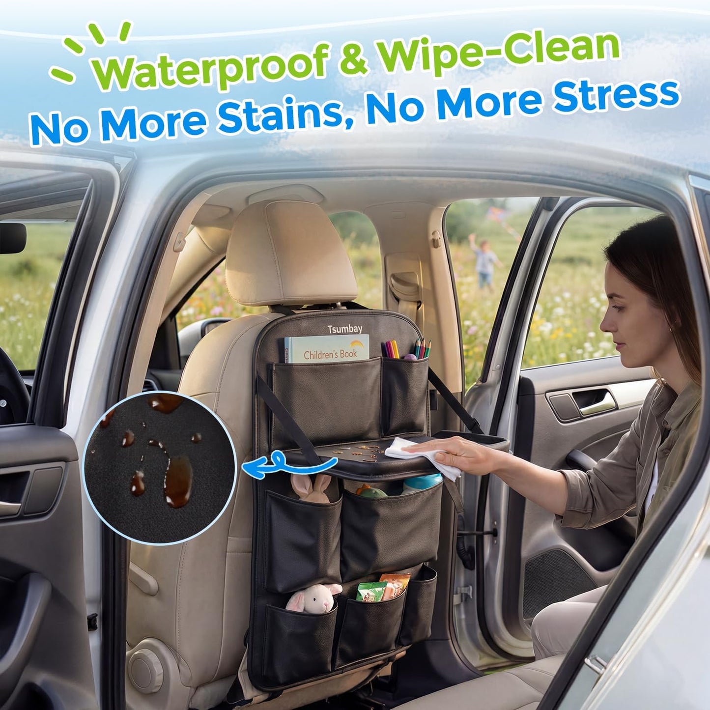 Tsumbay Car Backseat Organizer with Tablet Holder,9 Storage Pockets Foldable Table Tray Seat Back Protectors Kick Mats -PU Leather 1Pck