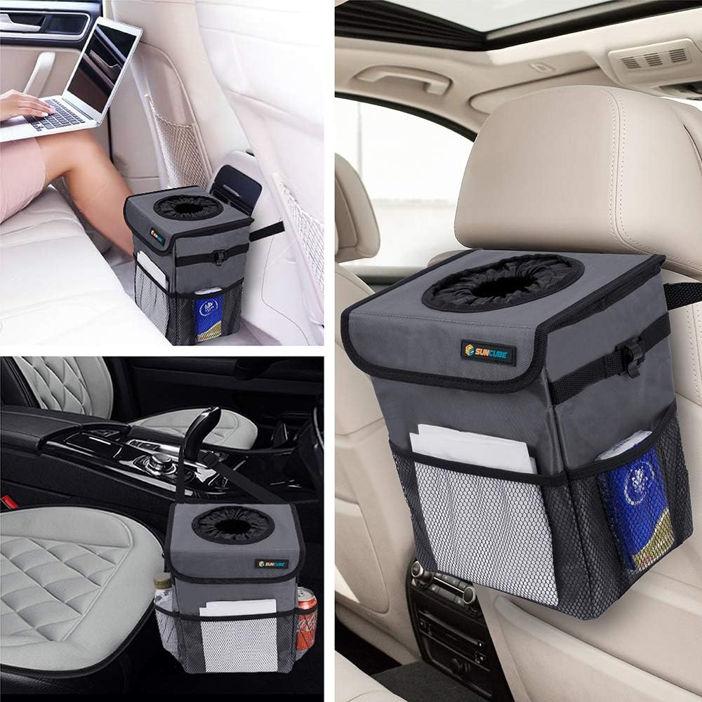 SUN CUBE Waterproof Car Trash Can with Lid, Mesh Pockets | Leakproof Car Garbage Can Hanging | Auto Trash Bin, Garbage Bag Organizer for Headrest, Console, Truck (Dark Gray)