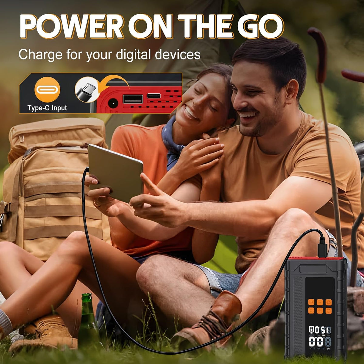 Portable Car Jump Starter with Air Compressor, 14.8V 2000 * 4mAh Battery Booster, 150PSI Tire Inflator, Power Bank & LED Flashlight for Roadside Emergencies & Travel