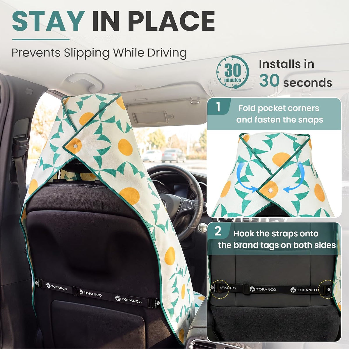 Car Seat Cover Towel for Front Seats Non-Slip with Headrest Pocket & Strap