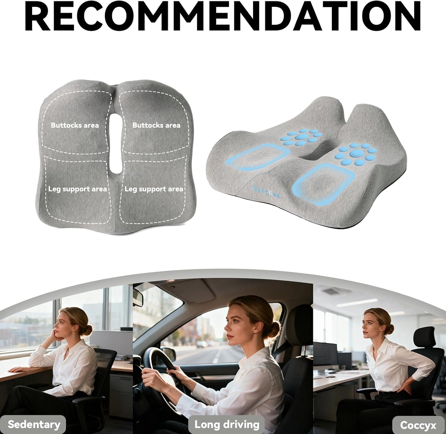 18x16 Inch Memory Foam Seat Cushion for Office, Car, Travel | Grey Chair Cushions with Removable Cover, Non-Slip Bottom and Carry Handle