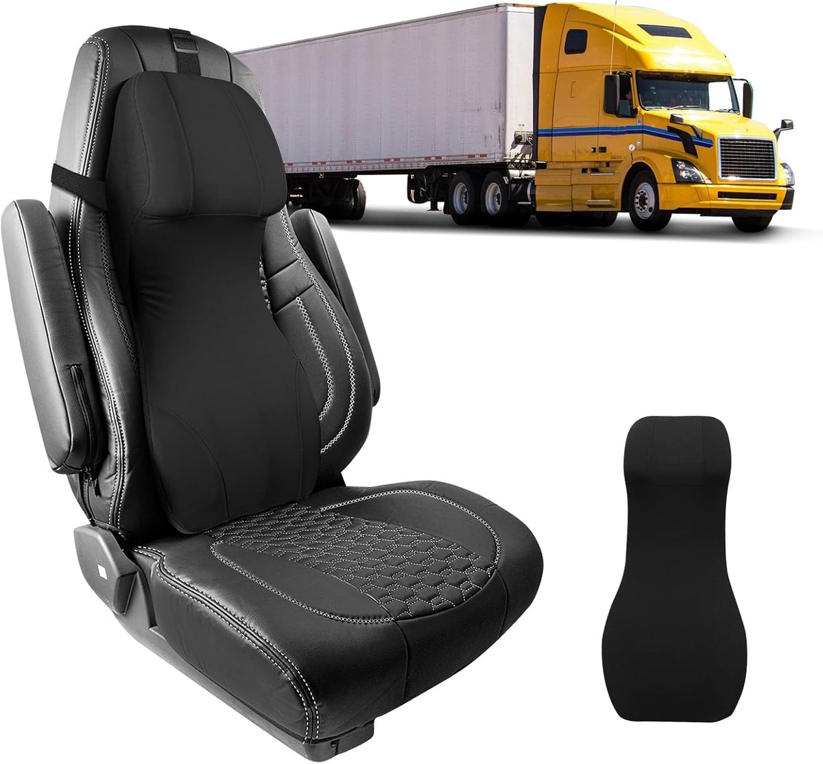 2-in-1 Car Lumbar Support with Headrest Pillow for Semi Truck Motorhome, Black