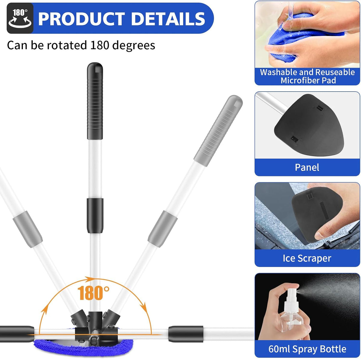 Windshield Cleaning Tool, 23-inch Extendable Handle Car Window Cleaner with 4 Reusable and Washable Microfiber Pads, Auto Glass Wiper Kit for Interior & Exterior, Ideal for Dirty Car Windows, Blue