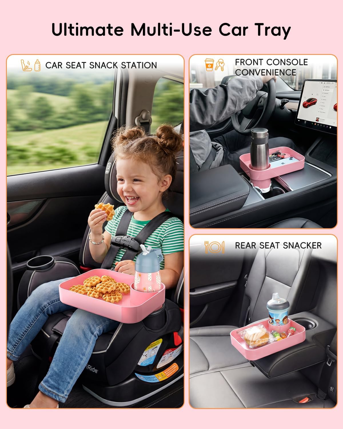 Toddler Car Seat Snack Tray - 3 Inch Cup Holder with Dip Well Fits Most Sippy Cups & Straw Bottles, Mess-Free Square Kids Travel Tray Road Trip Essentials, Pink