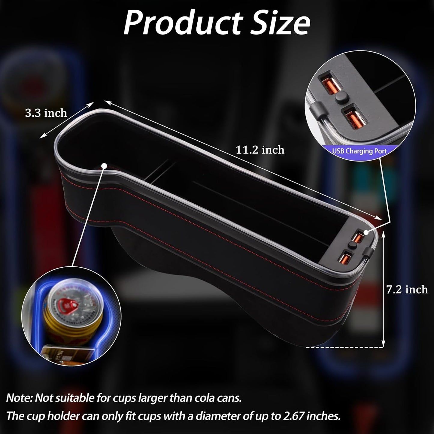 Car Seat Gap Filler Organizer, 2 Pack Multifunctional Car Seat Organizer, 7 Colours Changing LED Car Seat Seam Filler, Auto Console Side Storage Box with Cup Holders(BLACK)