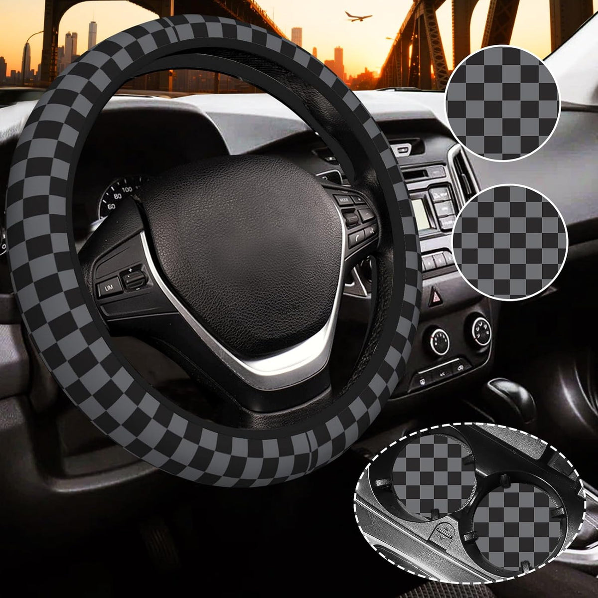 Black and Gray Checkered Steering Wheel Cover for Women, Steering Wheel Covers with Anti-Slip Lining, Universal 14.5-15 inchs Car Interior Accessories with 2PCS Car Coasters Suitable for Men and Women