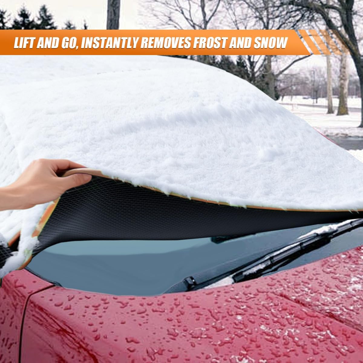 Magnetic Car Windshield Snow Cover, Windproof Car Sunshade with Elastic Strap & Hook, Automotive Windscreen Frost Cover, Winter Vehicle Side Window&Mirror Protector Accessories (Orange Eage)