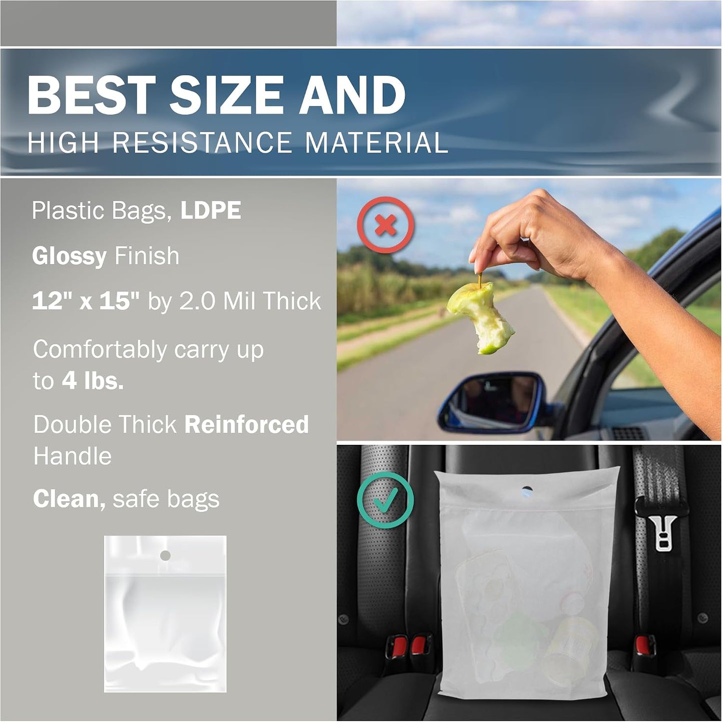 12x15 White Disposable Car Trash Bags, Leak-proof, Medium Size, 50 Pack, 2 Mil Thick, with Die-Cut Handles by PPB