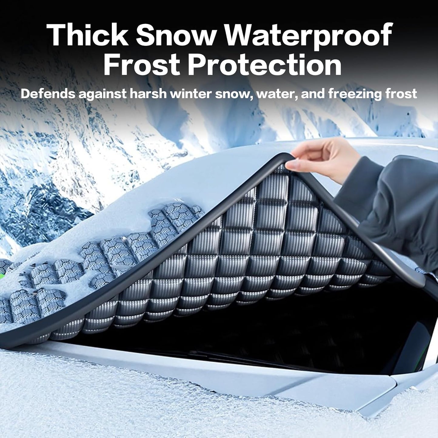 Exterior Windshield Cover for Ice and Snow, Graphene Grid Heavy-Duty Windshield Sun Shade, Car Snow Shield with Mirror Covers, Wiper Area Coverage for Cars, SUVs and Trucks, Large