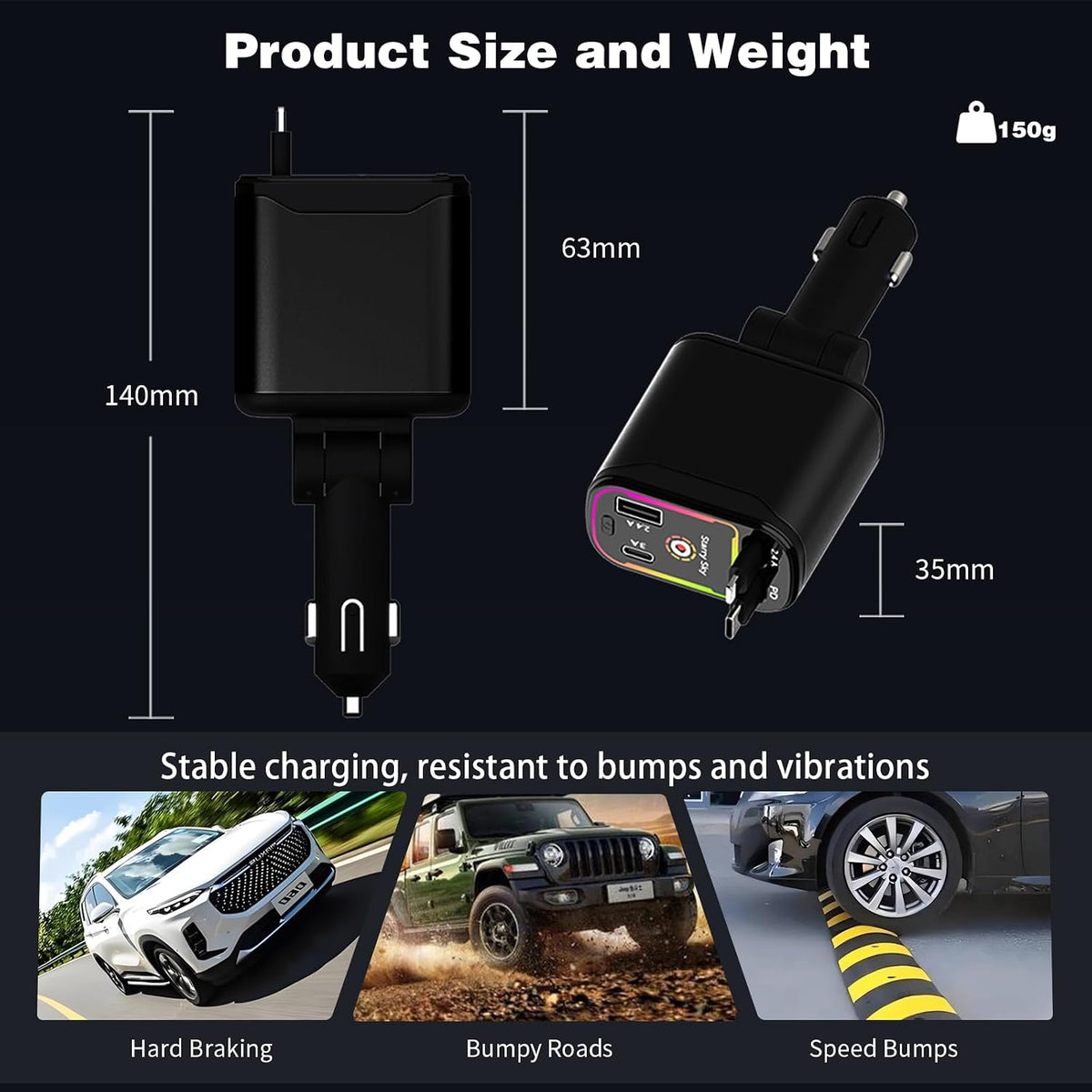 Starlight Retractable Car Charger,66W Fast Car Chargers Adapter 4 in 1 with 2 USB Car Chargers for Phone iPhone 16/15/14/13/12/11 and for Android - Black