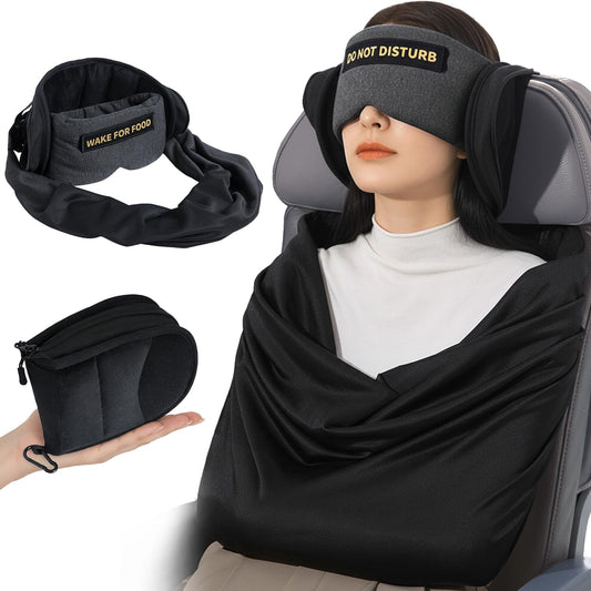 Travel Pillow and Blanket Set, Compact Airplane Pillow Bag with Eye Mask for Long Flights Sleeping, 360° Support Head Strap Travel Essentials for Plane Car Sleep Neck Upright, Stop Head Drop(Grey)