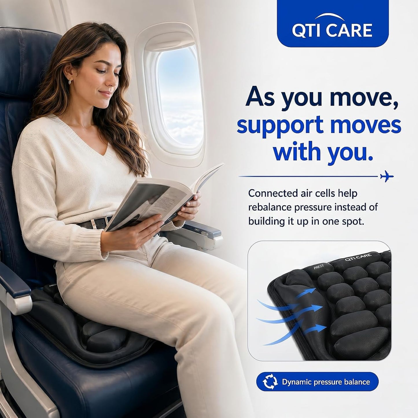 Airplane Seat Cushion, Air-Cell Travel Cushion for Long Flights, Inflatable Portable Seat Pad with Built-in Pump for Air Travel, Car, Office Chair and Wheelchair