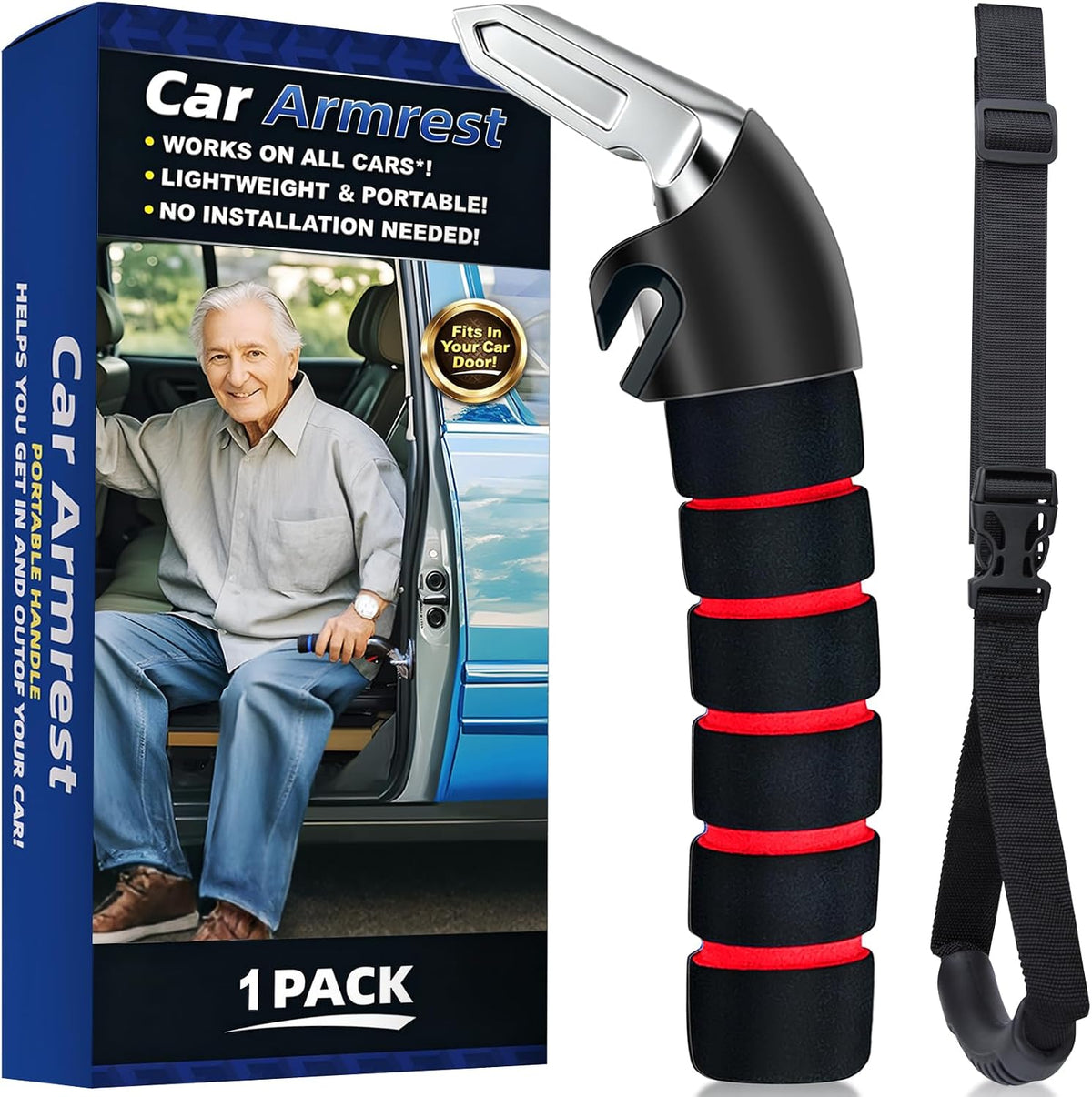 KOUNATSURI Car Handle Assist for Elderly Car Door Handle Multifunction Handle Car Door Latch Handle for Seniors and Handicapped(Red)