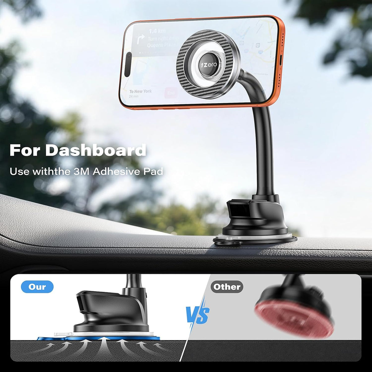 1Zero MagSafe Car Phone Mount with One-Button Suction Cup Lock