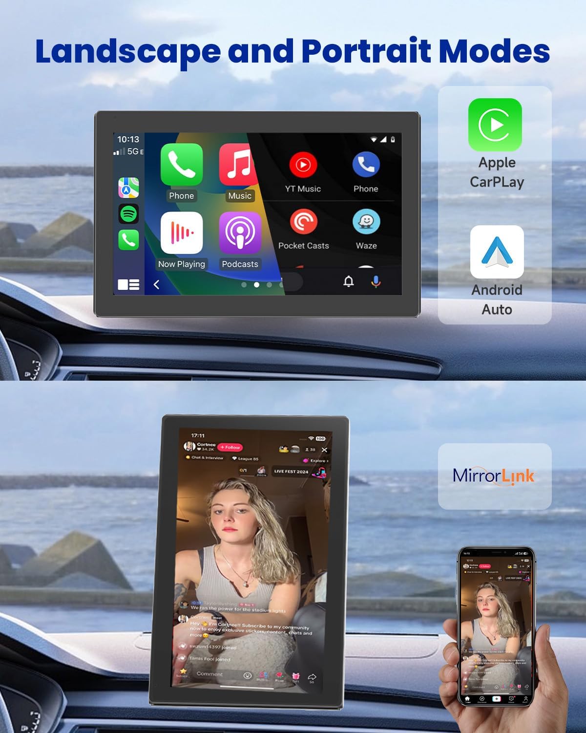 CarPlay Screen with Android Auto, CL798 7'' Portable Touchscreen,