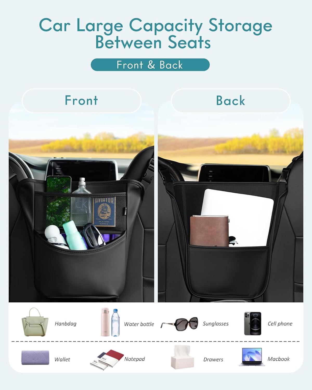 FLORICH Hanging Organizer Storage Between Seats, Premium Leather Headrest Hanging Storage Bag Front Seats, Barrier of Backseat Pet Kids