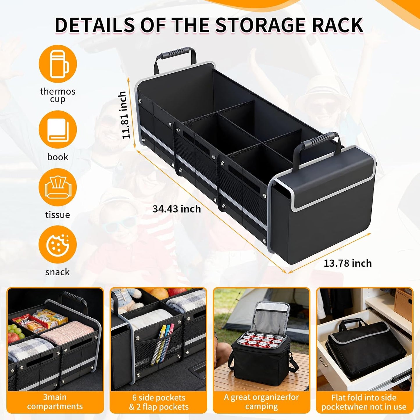 Car Trunk Organizer with Cooler Bag, Collapsible Multi-Compartment Storage Organizer for SUV Truck, Durable Car Cargo Organizer for Groceries Camping Travel