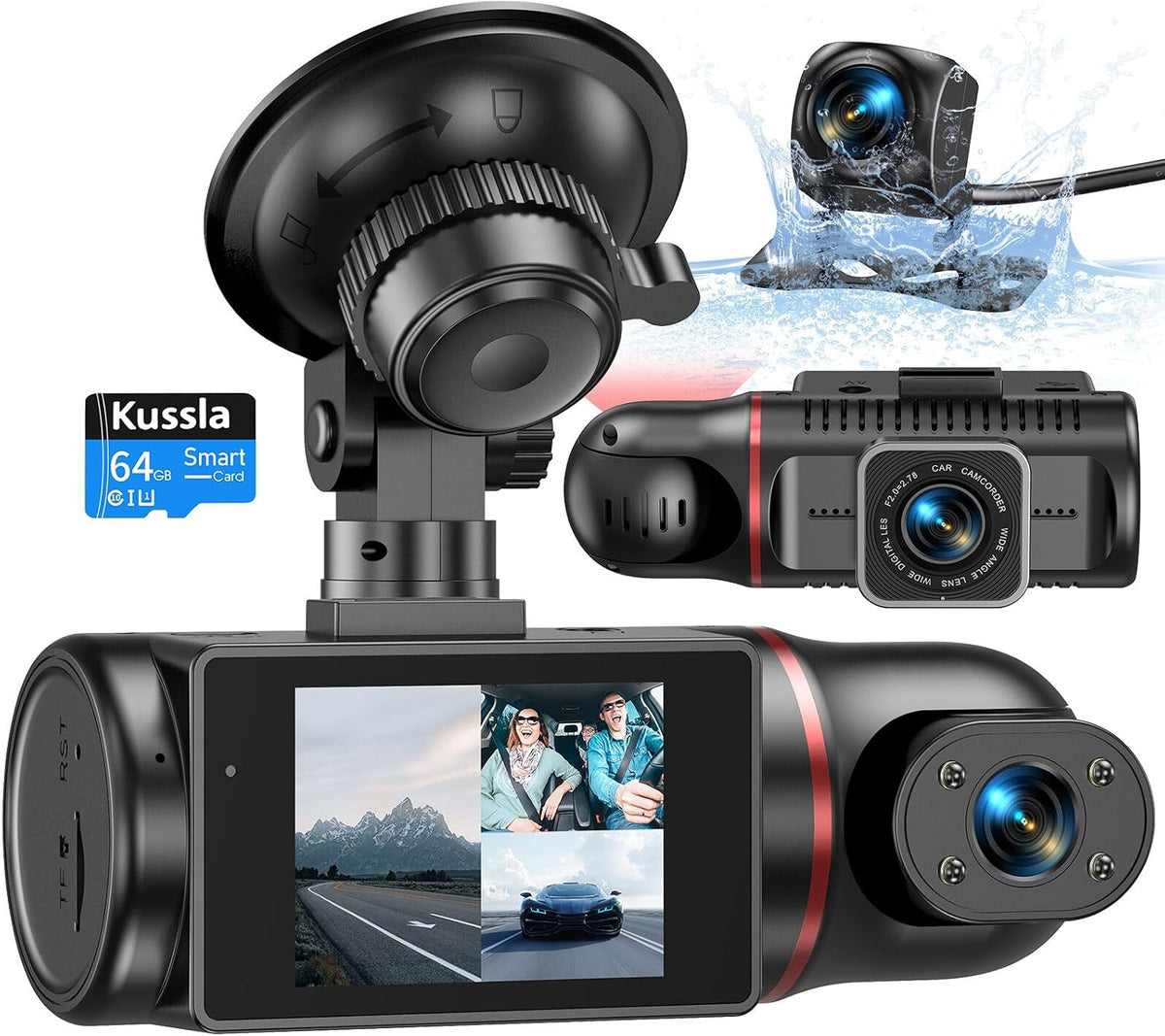 3 Channel Dash Cam Front Rear Inside, 1080P Car Camera with 64GB Card