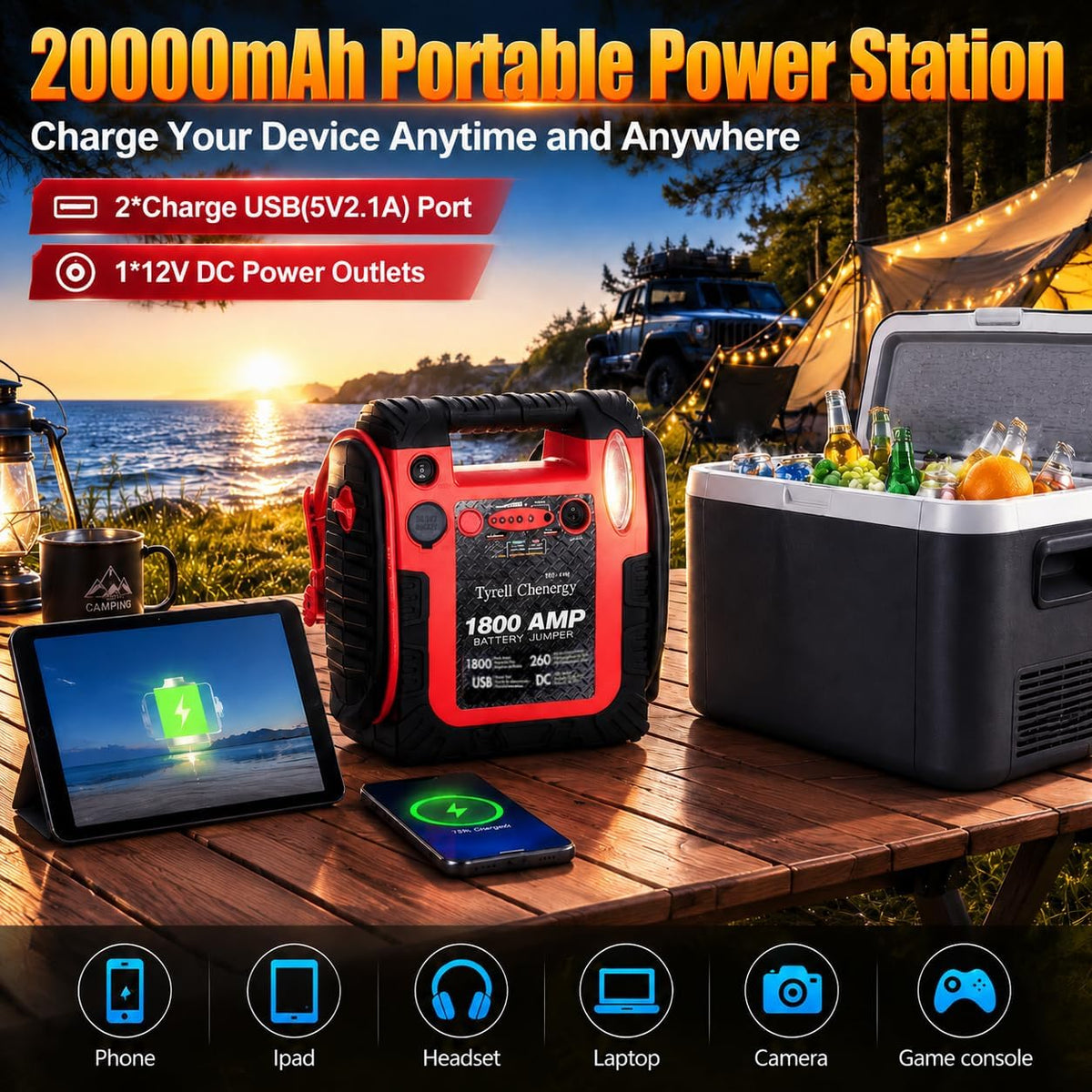 New Upgrade Car Battery Jump Starter & Portable Air Compressor, 1800A 20000mAh 12V Jump Box Power Station, 260PSI Tire Inflator (Up to 8.0L Gas/Diesel), LED Light, USB, Battery Booste