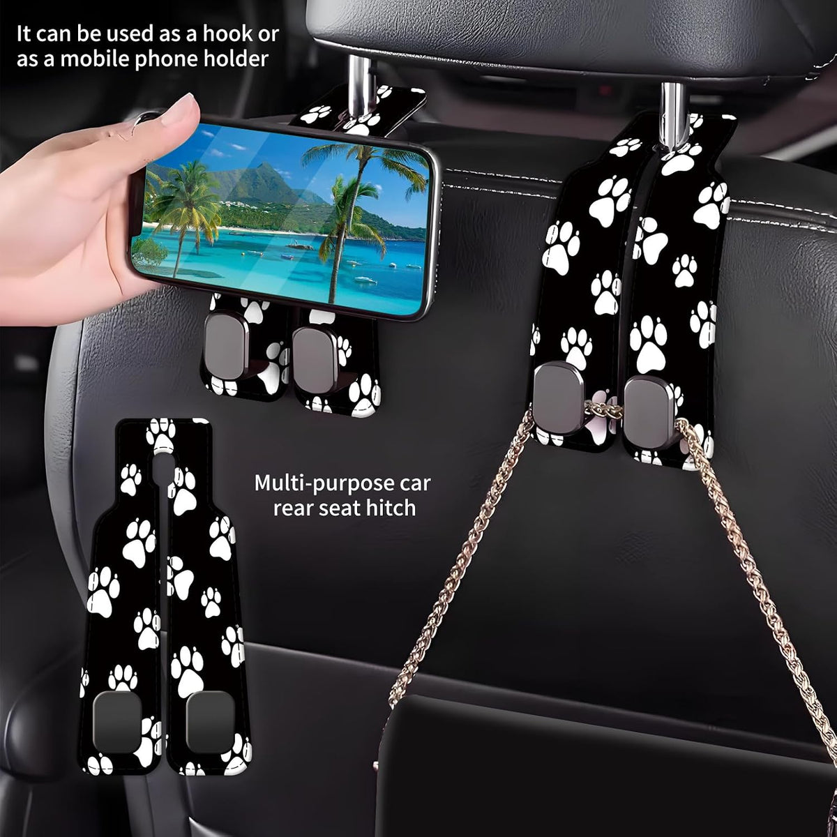 Car Seat Back Storage Headrest Hook, Premium Leather Double Metal Hook, Hanger Storage Organizer for Purse Cloth Bag, Car Interior Accessories Black White Dog Paws