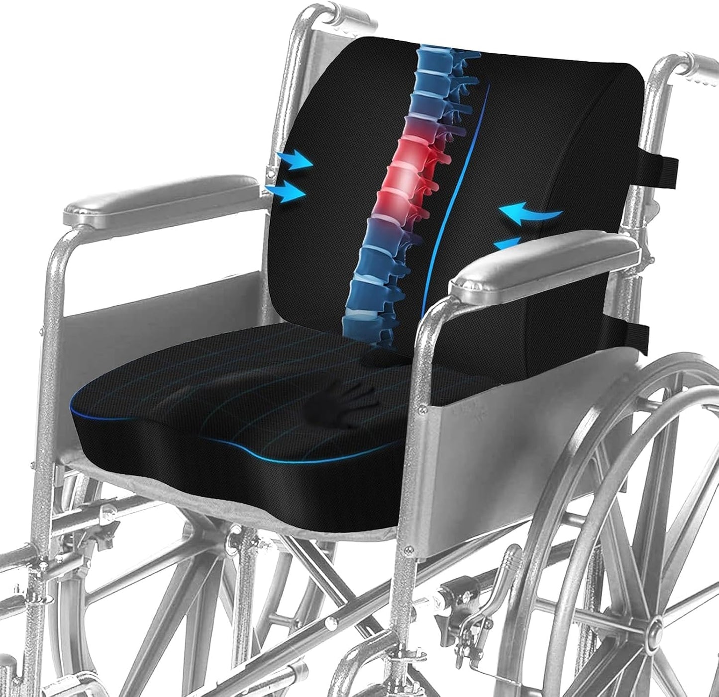 Wheelchair Cushion Set, Pressure Relief Seat Cushion with Lumbar Support, U-Shaped Design for Tailbone Comfort, Non-Slip Adjustable Straps, Breathable Removable Cover for Wheelchair Office Chair Car