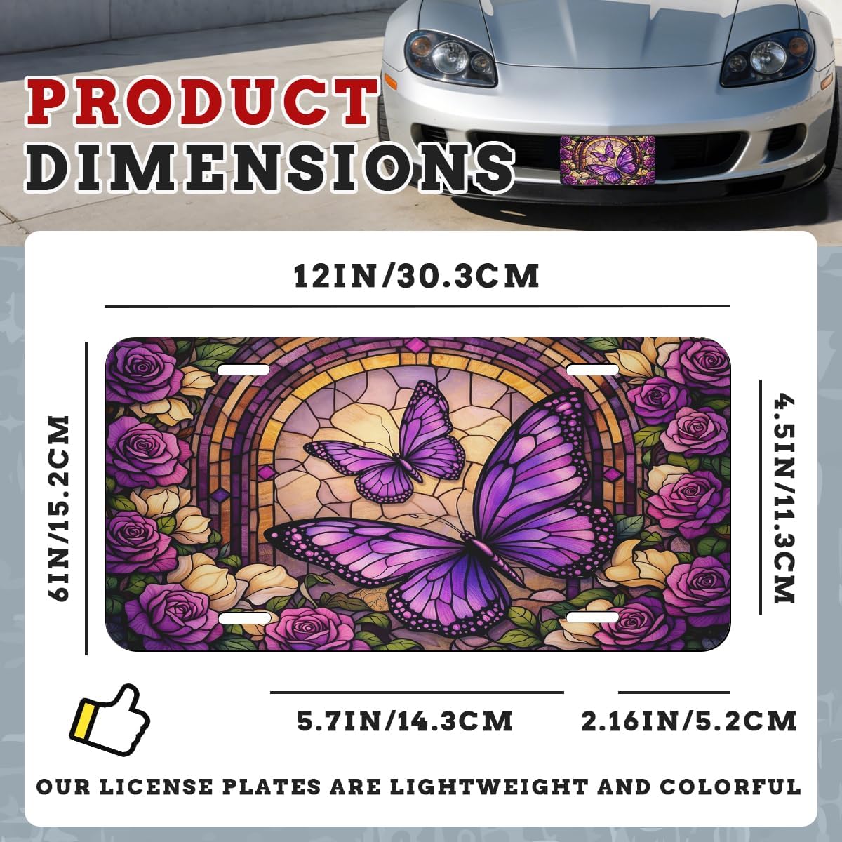 Butterfly Rose Stained Glass Front License Plate Purple Floral Vintage Car Decorative License Plates Aluminum Metal Decor Accessory Novelty Vanity Tag Cover with 4 Holes for Men Women 6" X 12"