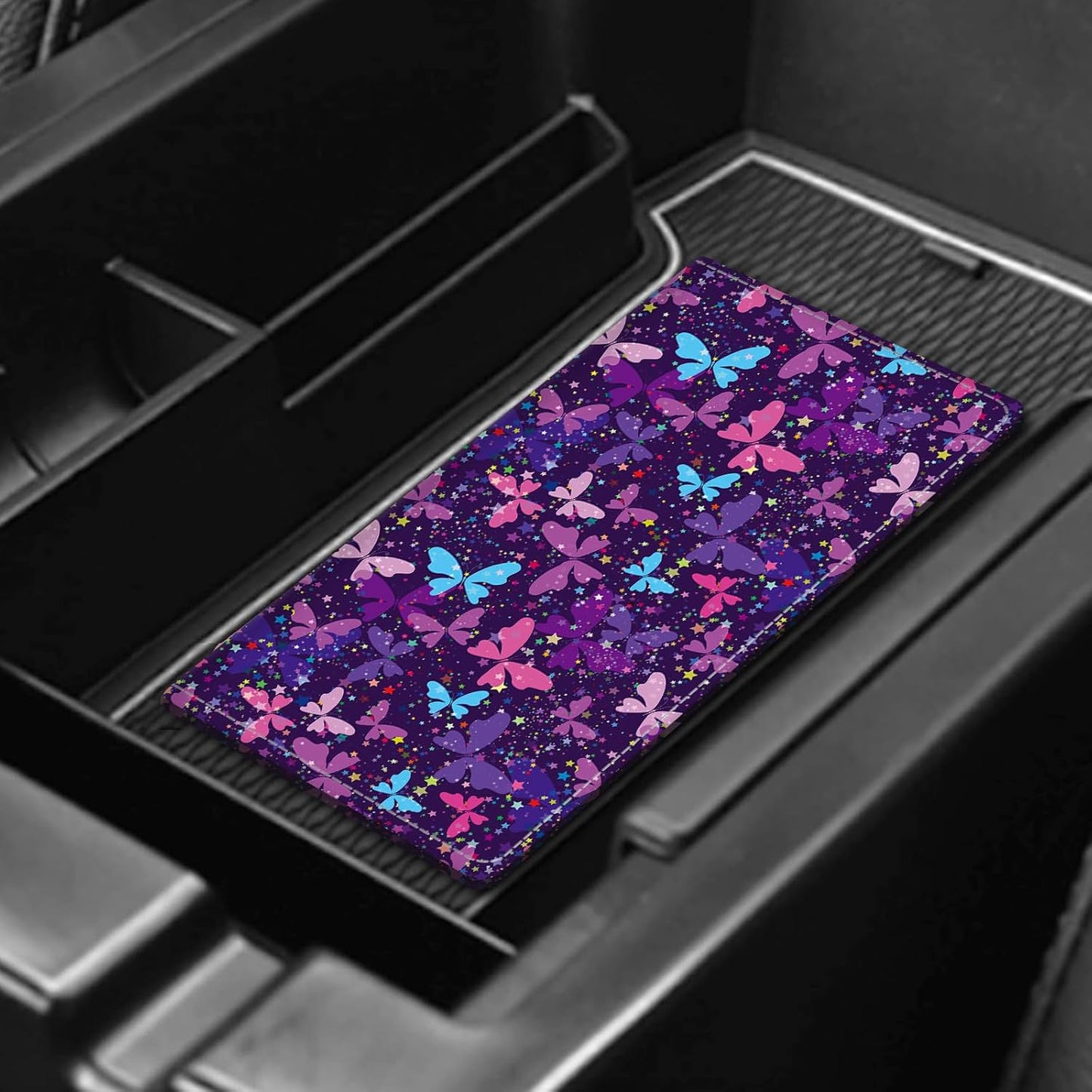 Leather Car Registration and Insurance Card Holder, Cute Car Accessories Vehicle Glove Box Car Organizer for Documents, Cards, License Cute Purple Butterfly