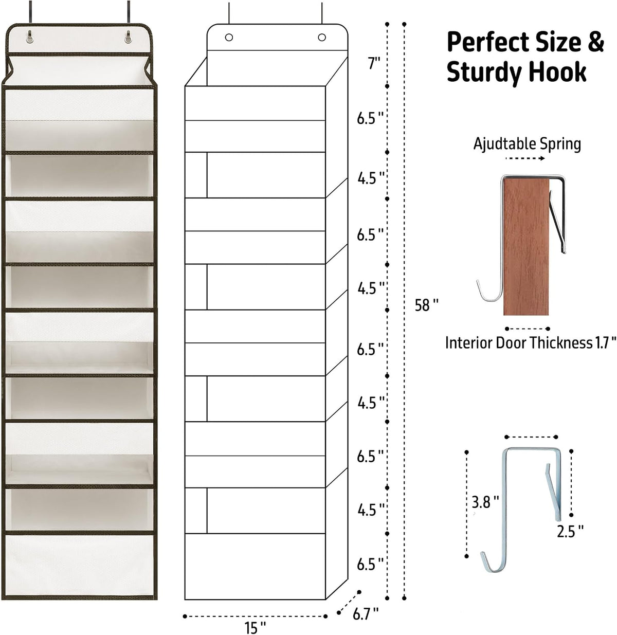 TYMENSH White Over Door Organizer with 5 Large Clear Pockets and 6 Side Mesh Pockets, Anti-Tilt Hanging Door Storage for Nursery, Bathroom, Closet, Bedroom, Dorm, Toys