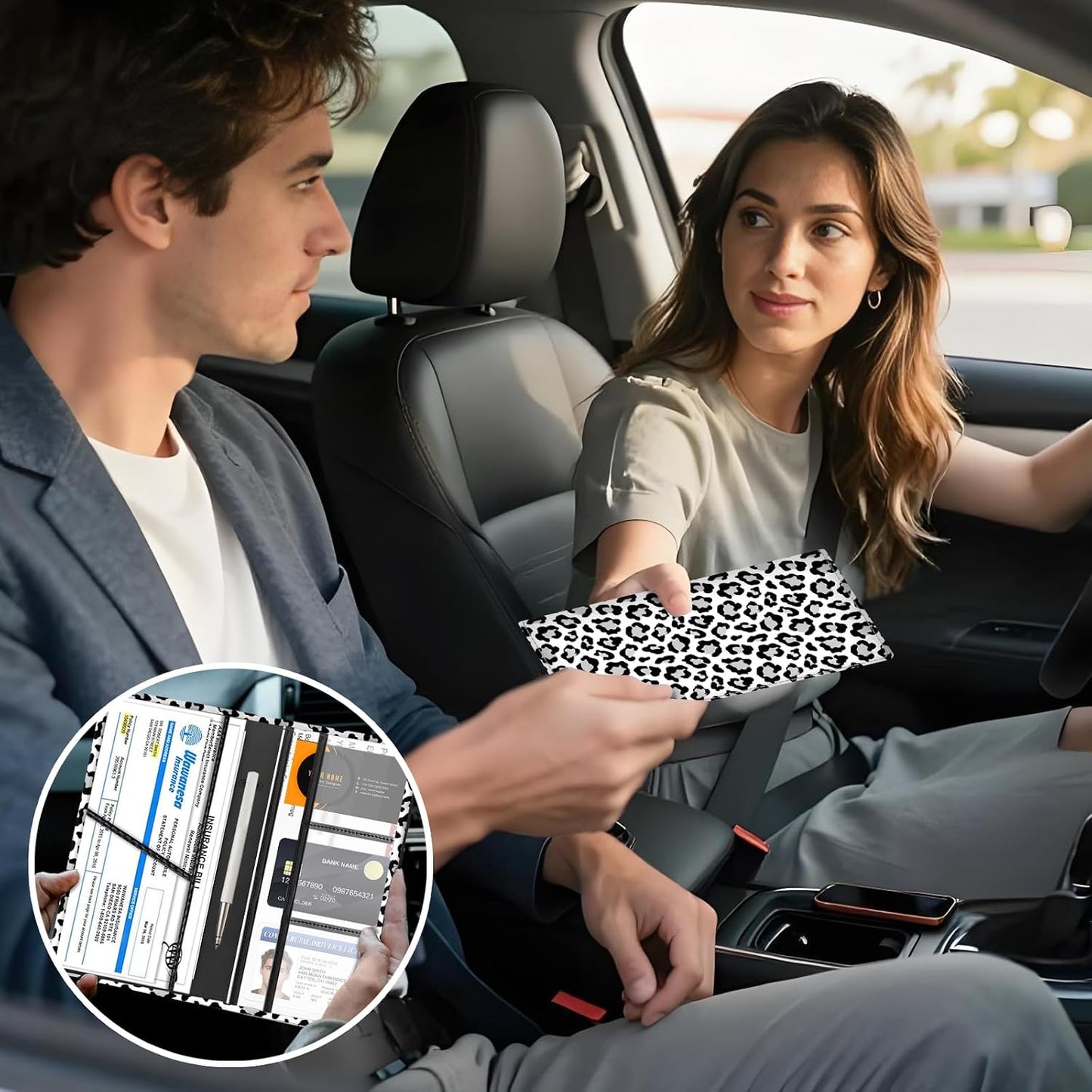 Car Registration and Insurance Holder with Magnetic Shut, Cute Vehicle Glove Box Car Organizer, Premium Interior Car Accessories for Women Men Luxury White Leopard