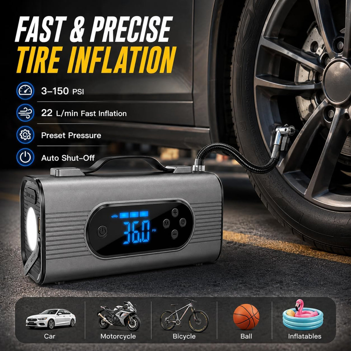 2000A Car Battery Jump Starter with Air Compressor, 150 PSI Tire Inflator