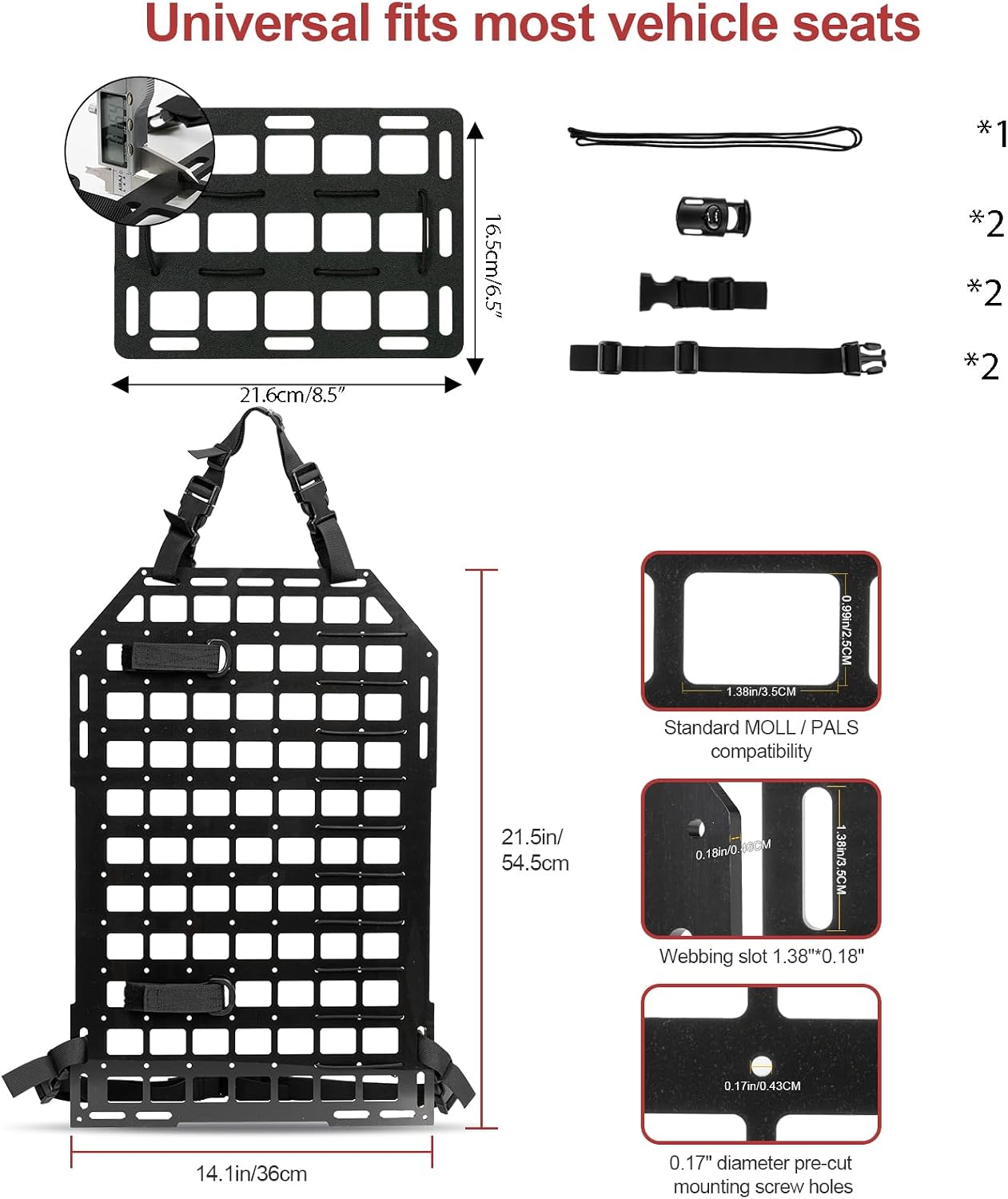 Rigid Molle Panels for Vehicles + Molle Headrest Panel Universal Tactical Molle Seat Back Panel Organizer Modular Storage & Display for Tactical Gears Accessories