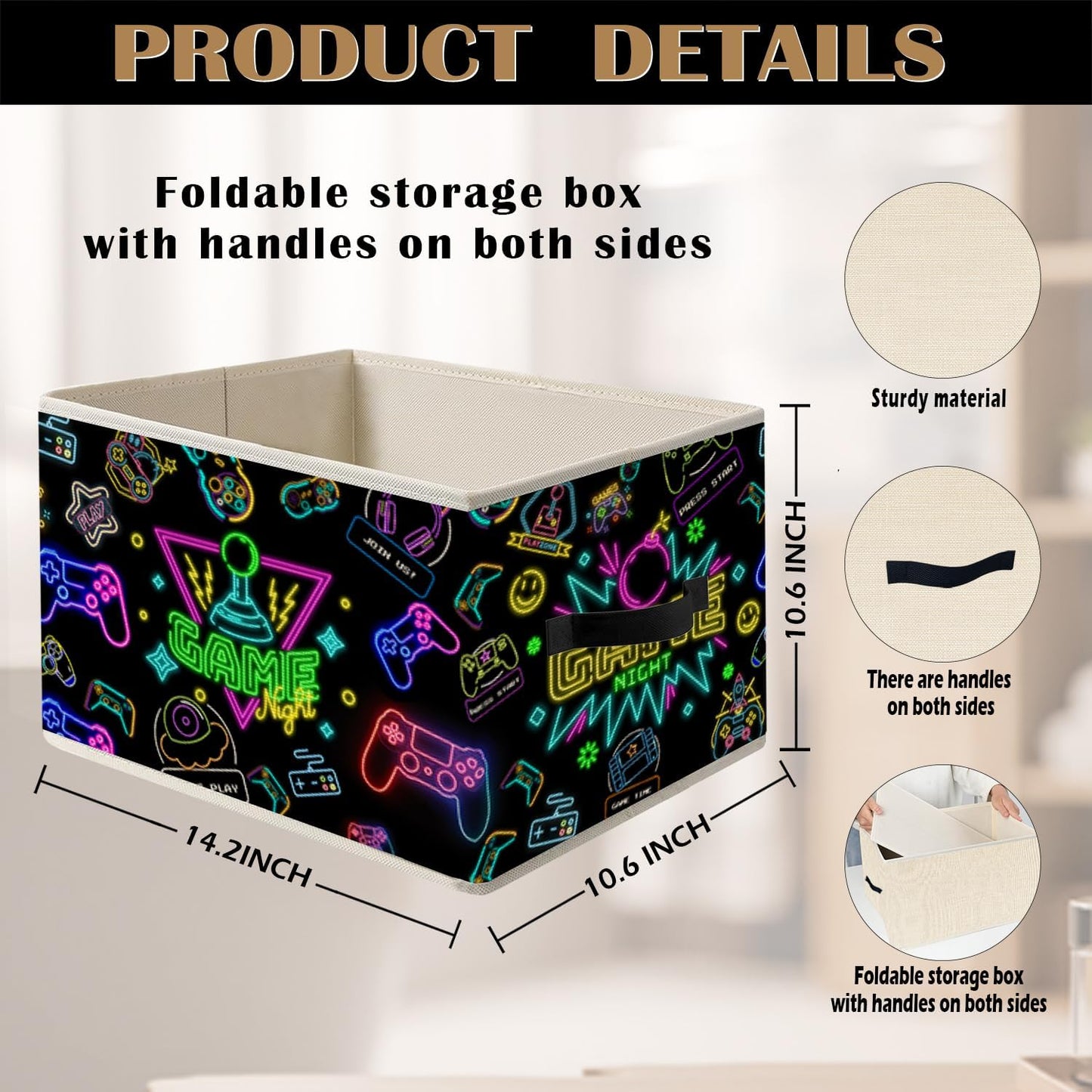 Neon Gamer Storage Bin Box with Handles, Gaming Room Foldable Organizer Basket Toybox for Teen Boys Room Bedroom Playroom Bathroom Clothes Toys Books