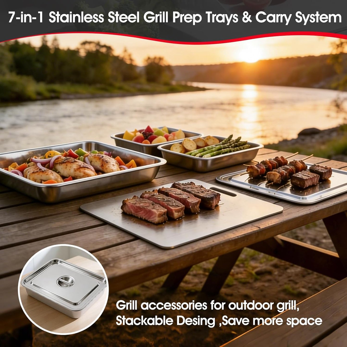 7-in-1 Stainless Steel Grill Prep Trays & Carry System, Large Lidded Marinating Containers with Cutting Board & 2 Food Storage Containers with Lids, Stackable BBQ Grill Accessories for Outdoor Cooking