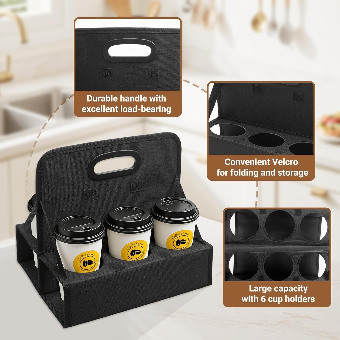 6-Cup Reusable Drink Carrier with Handle – Foldable Drink Caddy for Delivery Drivers,Takeout & Catering,Portable Beverage Holder Bag for Coffee,to-Go Cups,Anti-Spill & Car Floor Safe,Black
