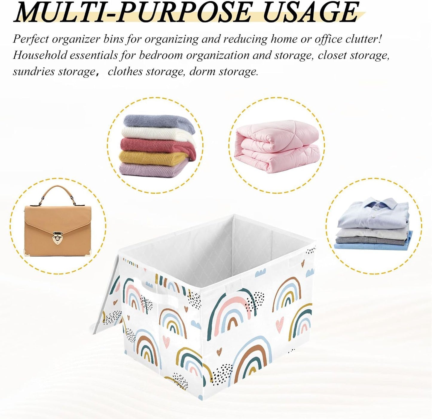 Cartoon Rainbow Storage Bins with Lids and Carrying Handle,Foldable Storage Boxes Organizer Containers Baskets Cube with Cover for Home Bedroom Closet Office