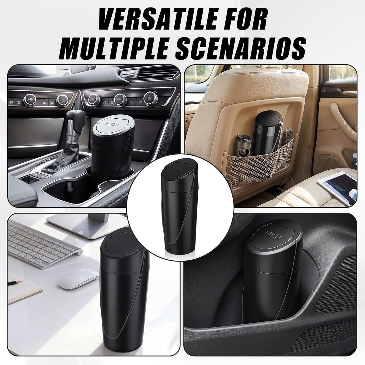 Outus 3 Pack Car Trash Can with Lid, Leakproof Car Garbage Can Cup Holder with 60 Bags Mini Trash Cans for Cars, Small Vehicle Garbage Bin for Cars, Office, Home, Bedroom, Black