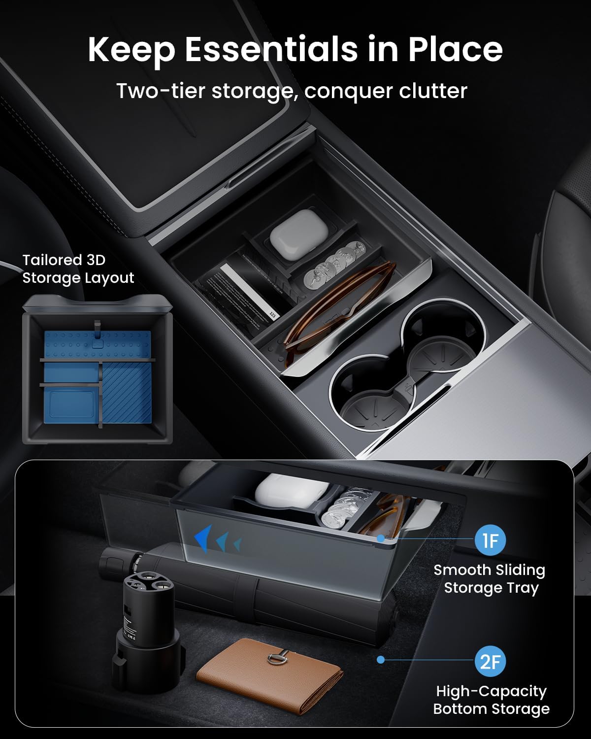 REEVAA 4-in-1 Center Console Organizer Set for Tesla Model Y Juniper & Model 3 Highland 2024/2025/2026, [Maximize Space, Zero Interference], Storage Trays with Odorless Pure Silicone Liners, Black