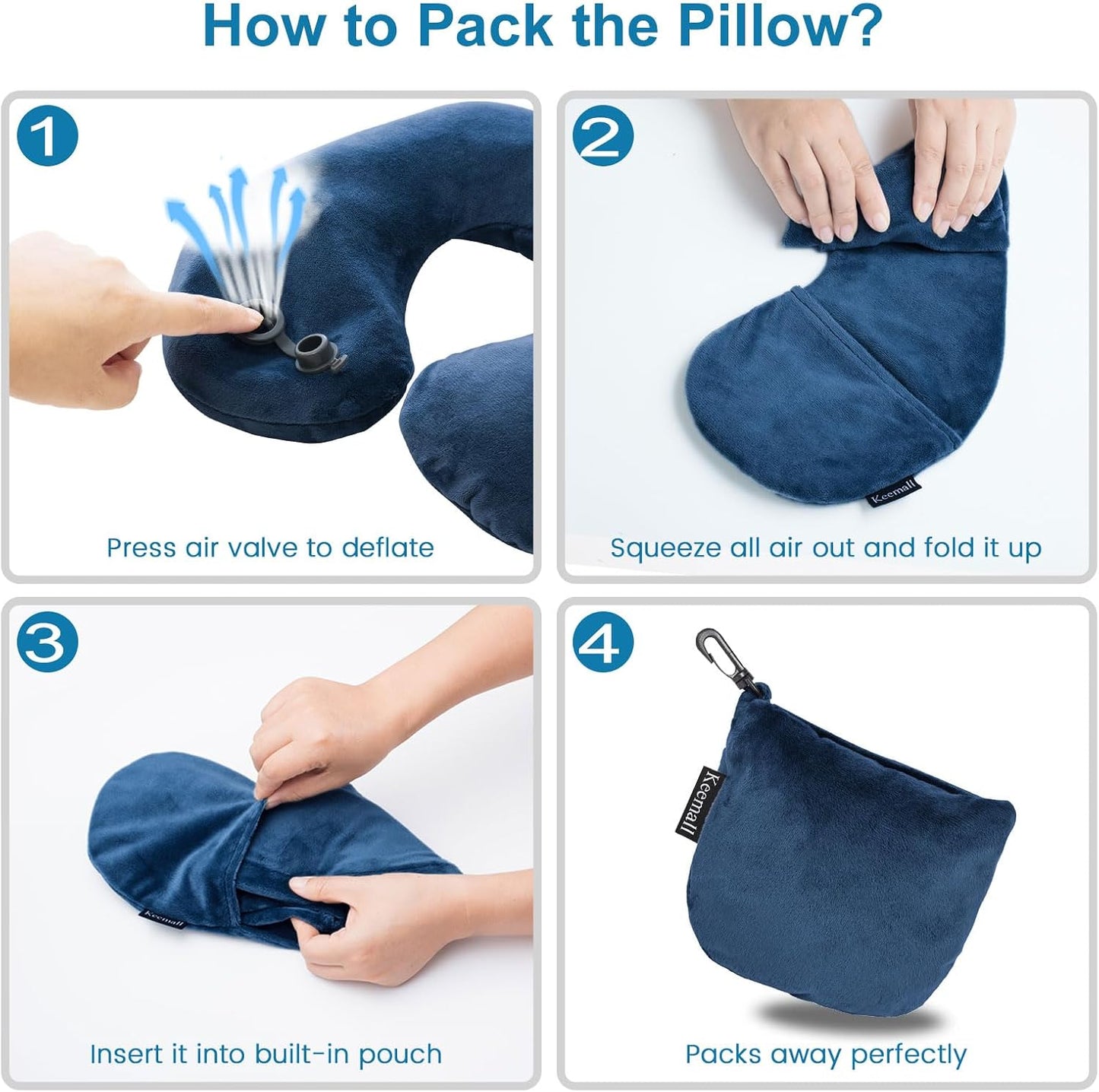 Keemall Travel Neck Pillow for Airplane, Compact Inflatable Neck Pillow for Traveling Long Flights, Adjust Firmness Neck Suport Pillow for Sleeping Plane Head Rest for Travel Accessories,Deep Blue